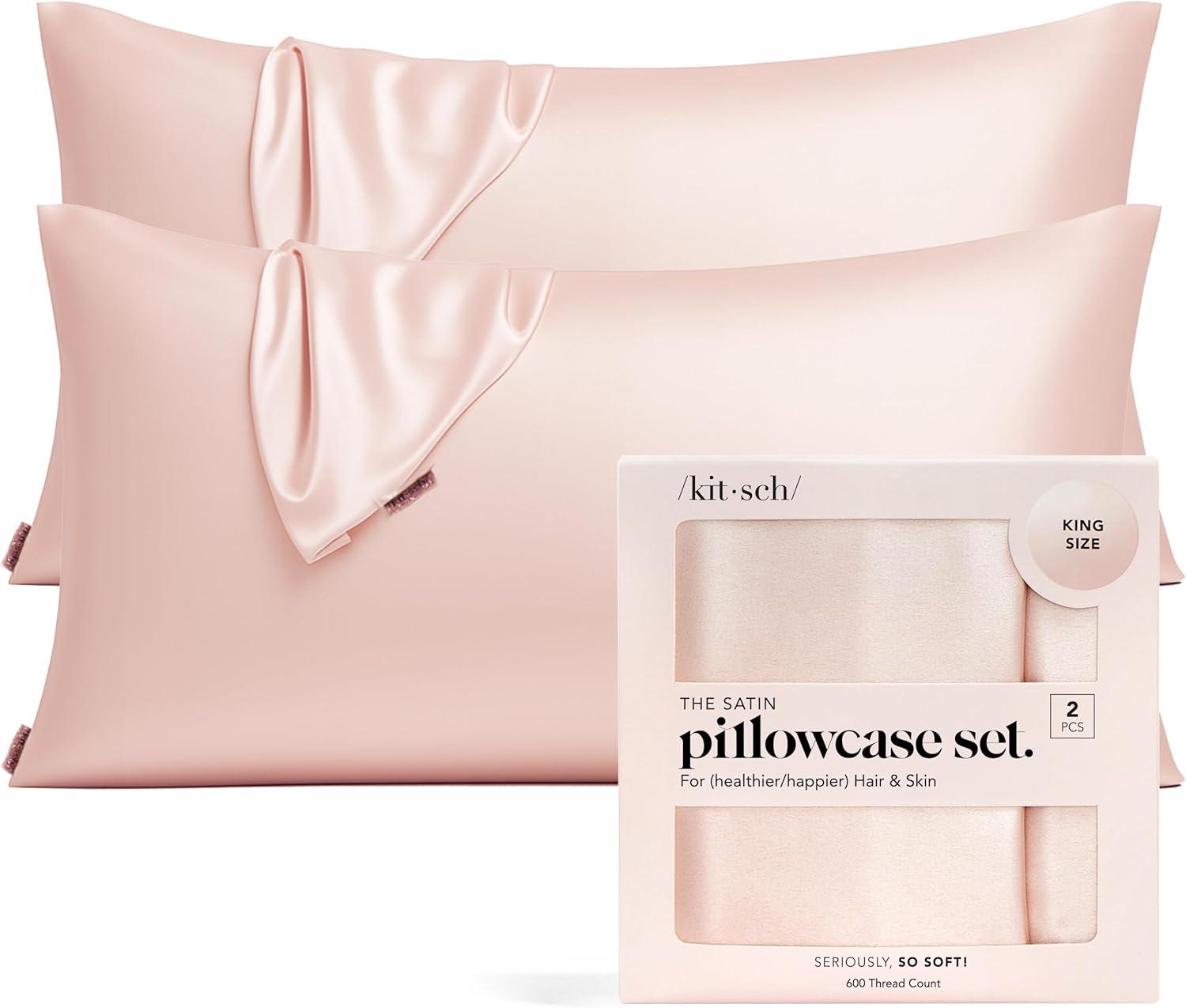 imageKitsch Holiday Satin Pillowcase with Zipper for Hair and Skin Softer Than Silk Pillow Cases 2 Pack Cooling Pillow Covers Machine Washable WrinkleFree Satin Queen Size Set of 2 19quotx26quot BlushBlush