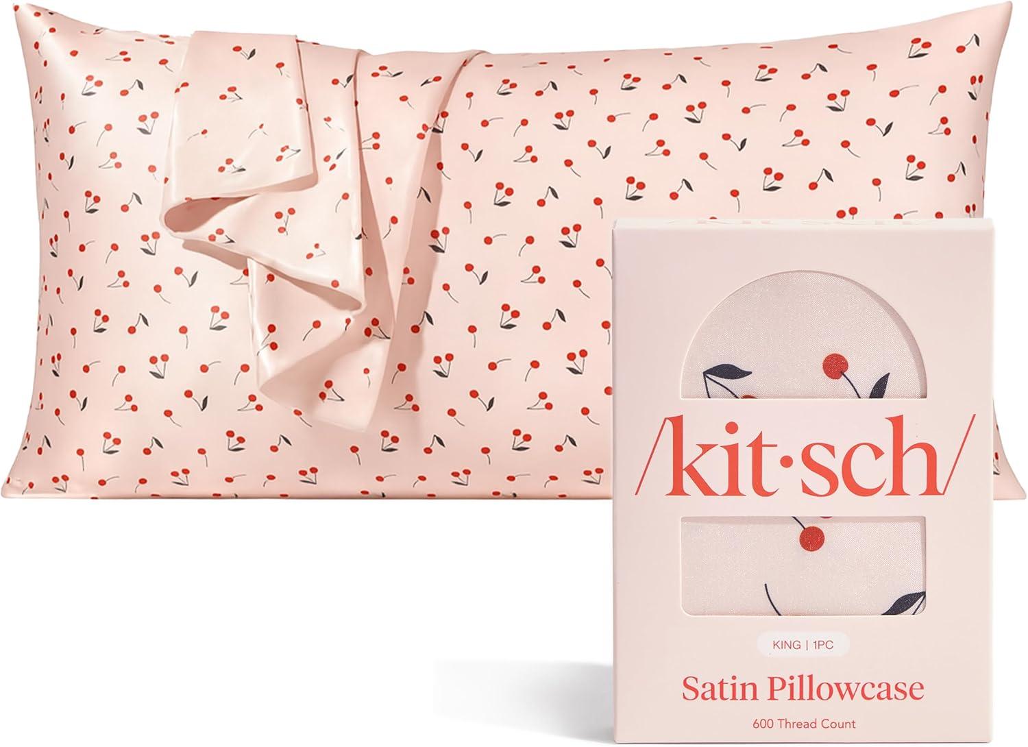 imageKitsch Holiday Satin Pillowcase with Zipper for Hair and Skin Softer Than Silk Pillow Cases 2 Pack Cooling Pillow Covers Machine Washable WrinkleFree Satin Queen Size Set of 2 19quotx26quot BlushCherry Print