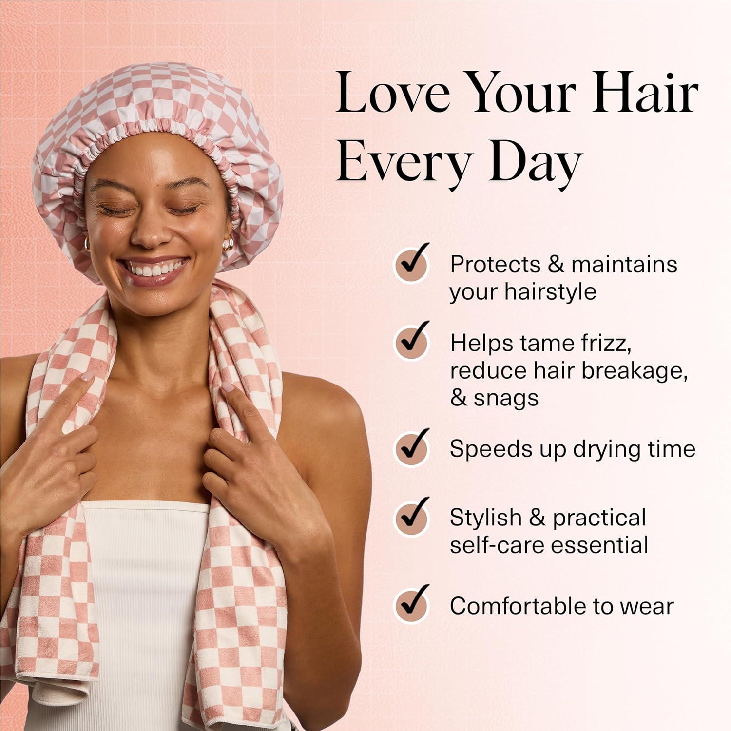 imageKitsch Love ampamp Comfort 2PC Spa Set  Satin Lined Reusable Waterproof Shower Cap and XL Quick Dry Hair Towel Wrap for Women Microfiber Towel Flexi Shower Cap For All Hair Types  Terracotta Checker