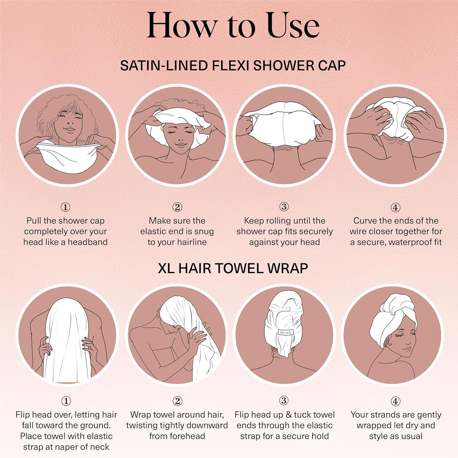 imageKitsch Love ampamp Comfort 2PC Spa Set  Satin Lined Reusable Waterproof Shower Cap and XL Quick Dry Hair Towel Wrap for Women Microfiber Towel Flexi Shower Cap For All Hair Types  Terracotta Checker