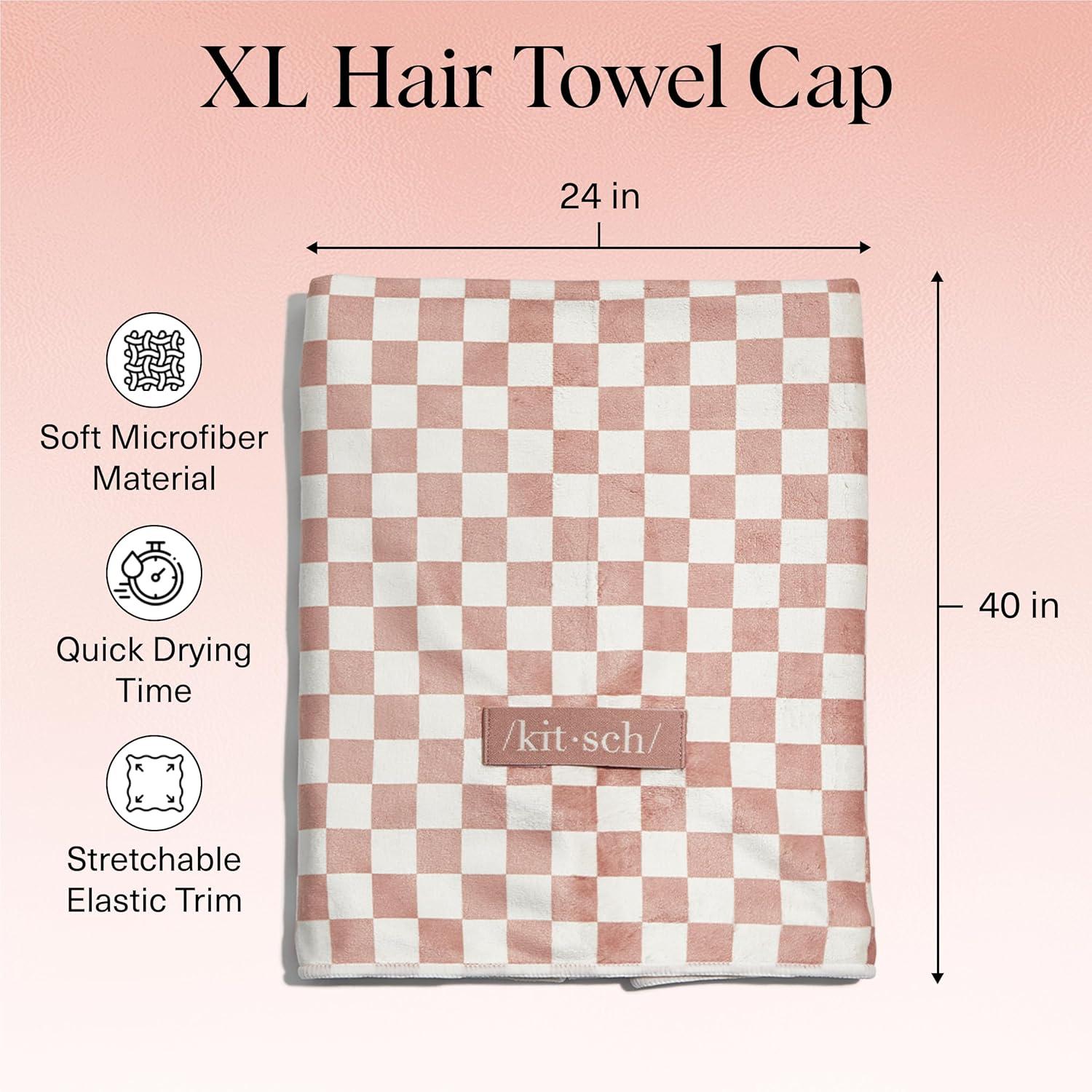 imageKitsch Love ampamp Comfort 2PC Spa Set  Satin Lined Reusable Waterproof Shower Cap and XL Quick Dry Hair Towel Wrap for Women Microfiber Towel Flexi Shower Cap For All Hair Types  Terracotta Checker