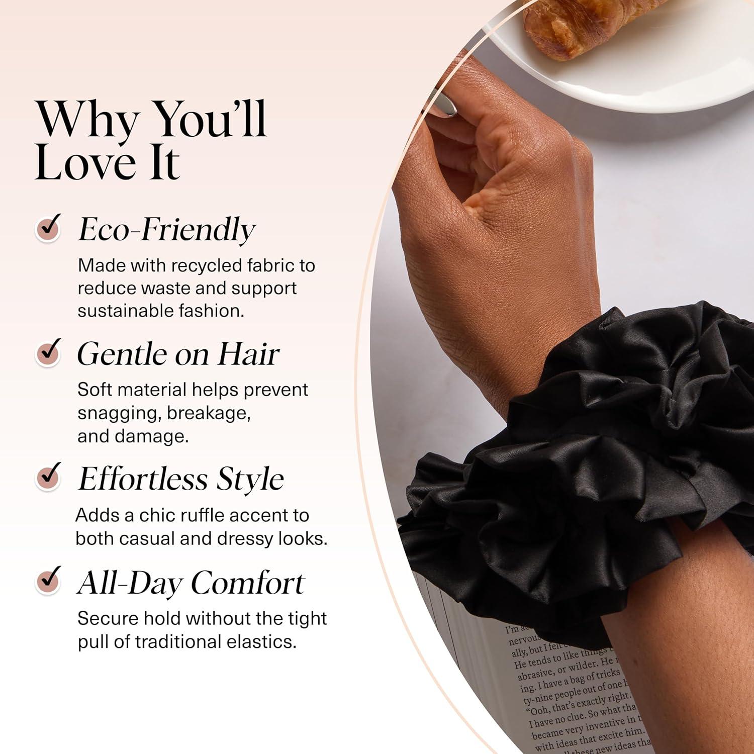 imageKitsch Recycled Satin Ruffle Scrunchie  Gentle Hair Scrunchie for Women EcoFriendly Hair Tie No Damage Soft Satin Scrunchie ampamp Hair Accessories  Stylish Ponytail Holder  Black