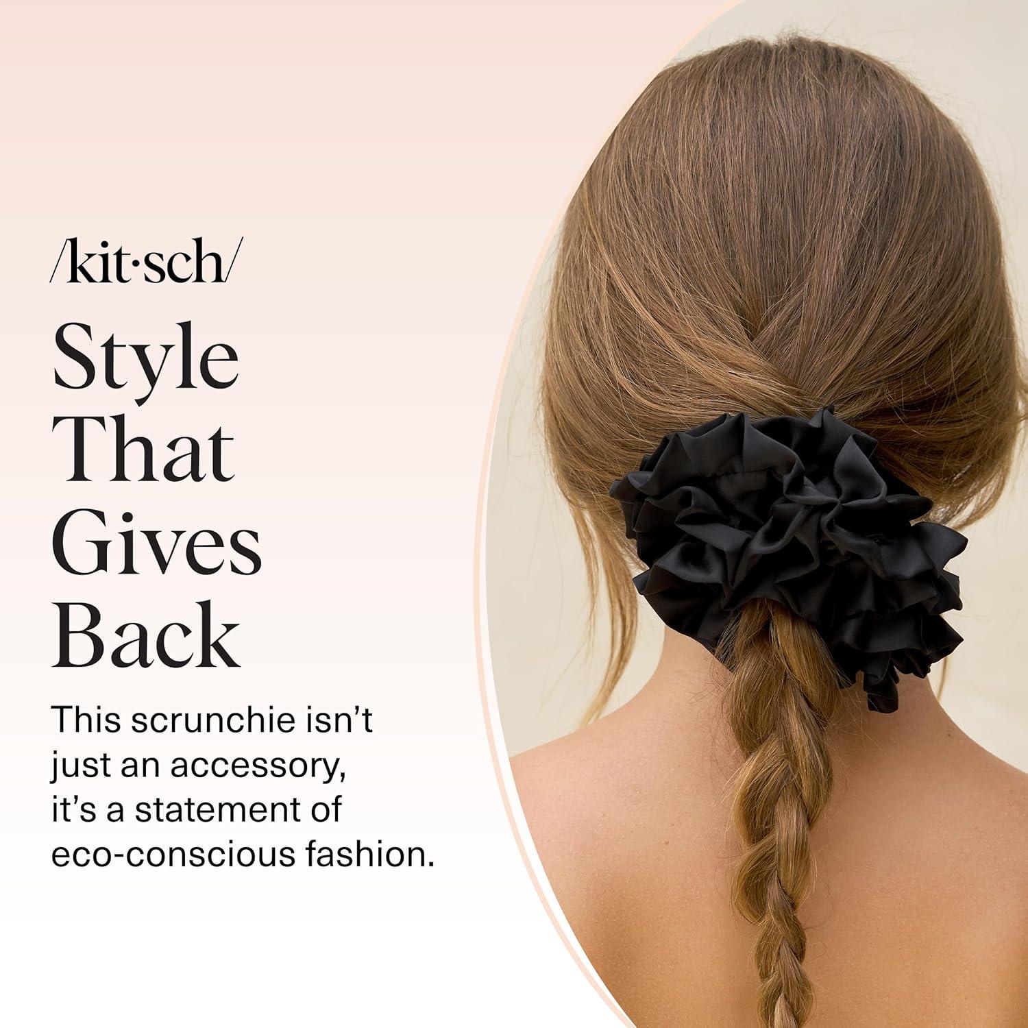 imageKitsch Recycled Satin Ruffle Scrunchie  Gentle Hair Scrunchie for Women EcoFriendly Hair Tie No Damage Soft Satin Scrunchie ampamp Hair Accessories  Stylish Ponytail Holder  Black