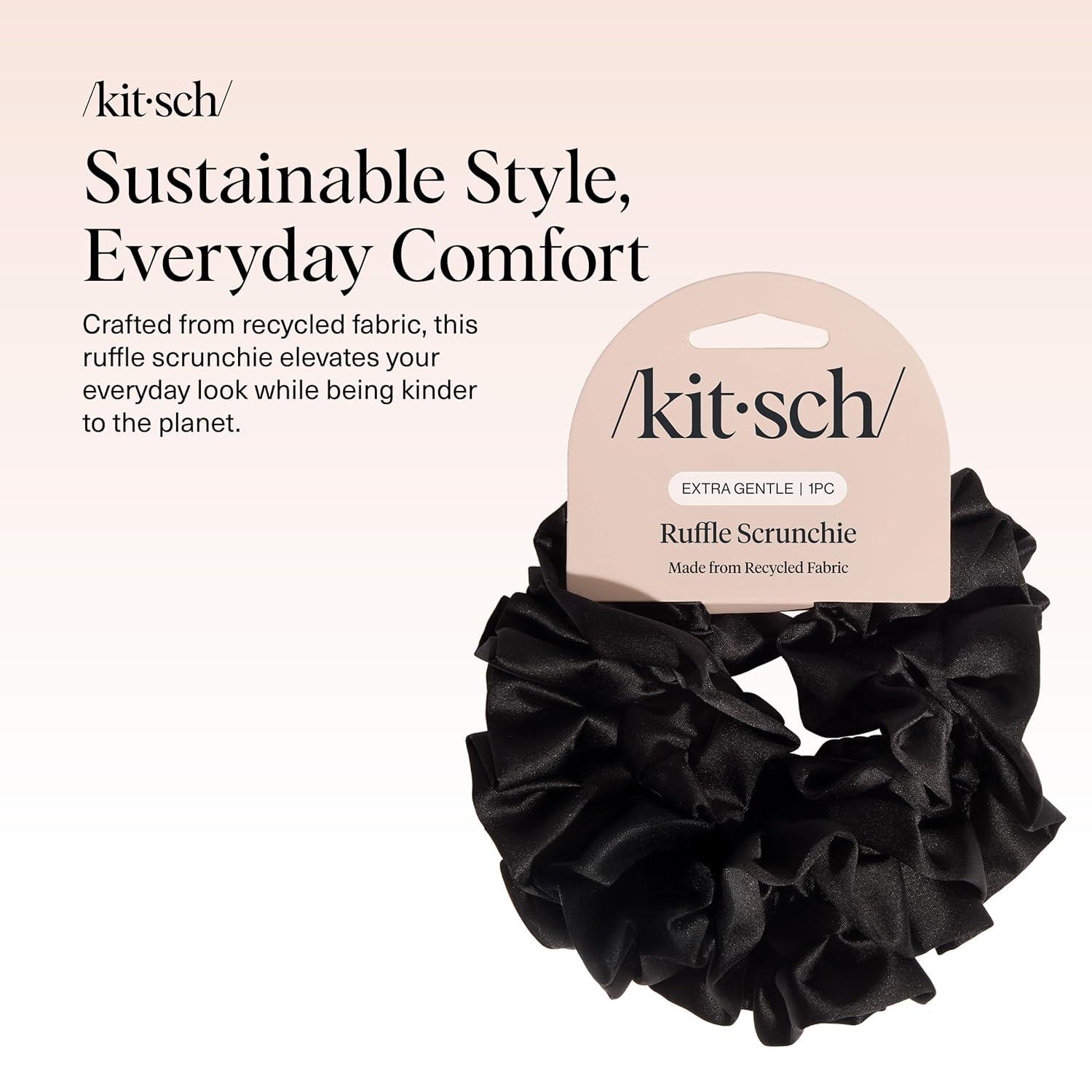 imageKitsch Recycled Satin Ruffle Scrunchie  Gentle Hair Scrunchie for Women EcoFriendly Hair Tie No Damage Soft Satin Scrunchie ampamp Hair Accessories  Stylish Ponytail Holder  Black
