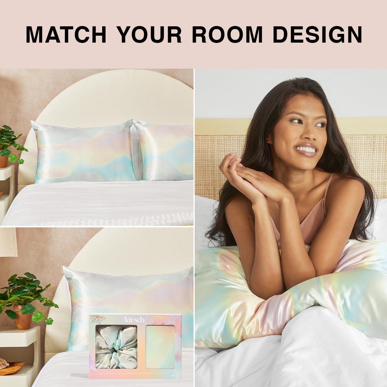 imageKitsch Satin Pillowcase with Zipper for Hair ampamp Skin  Softer Than Silk Machine Washable WrinkleFree  QueenStandard 19x26 with Satin Scrunchie NoDamage Silk Hair Tie  AuraHoliday Aura