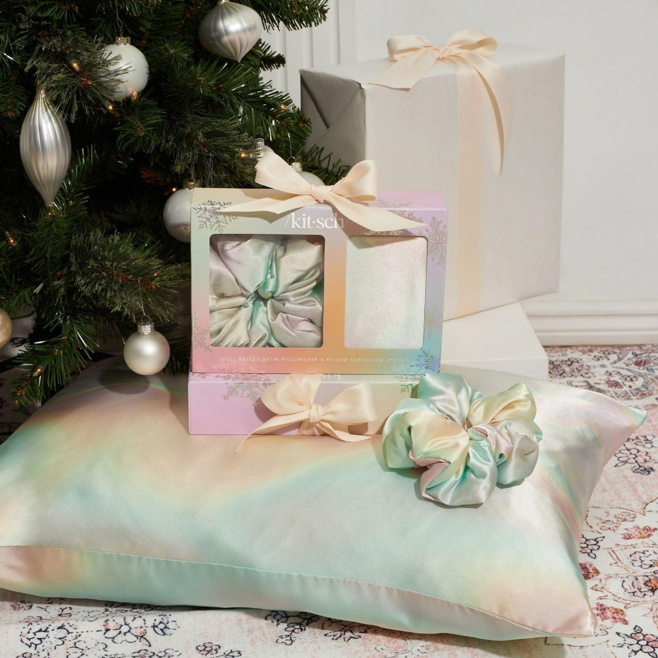 imageKitsch Satin Pillowcase with Zipper for Hair ampamp Skin  Softer Than Silk Machine Washable WrinkleFree  QueenStandard 19x26 with Satin Scrunchie NoDamage Silk Hair Tie  AuraHoliday Aura