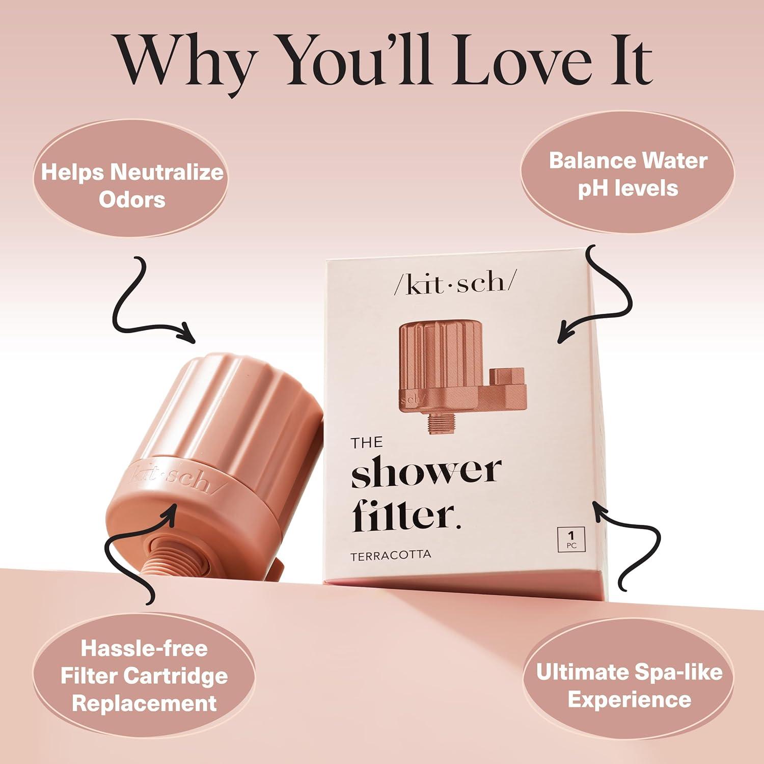 imageKitsch Shower Head Filter for Hard Water  Shower Filter with KDF55 ampamp Calcium Sulfite Helps Reduce Chlorine ampamp Impurities Water Softener  Bathroom Accessories for Healthier Hair ampamp Skin  BlackTerracotta