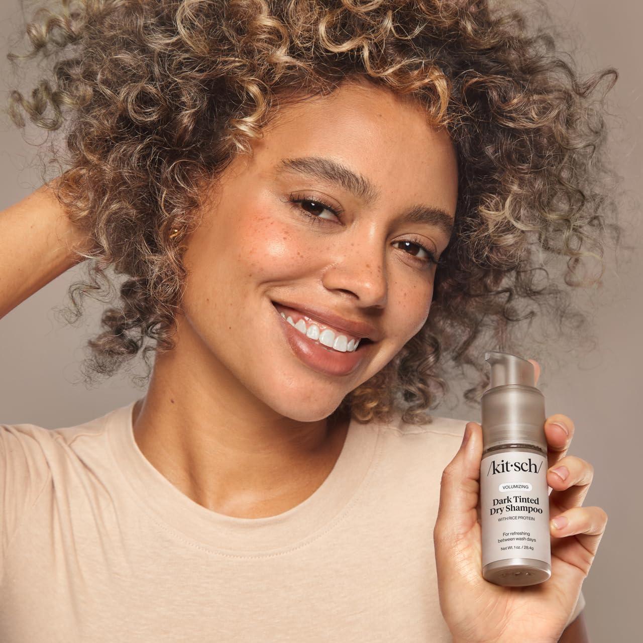 imageKitsch Volumizing Rice Protein Dry Shampoo Powder  Dry Shampoo for Women ampamp Men Dark Hair No White Cast Absorbs Oil NonGreasy Fragrance Free Travel Size in Pump Form  Dark Tinted 1ozDark Tinted