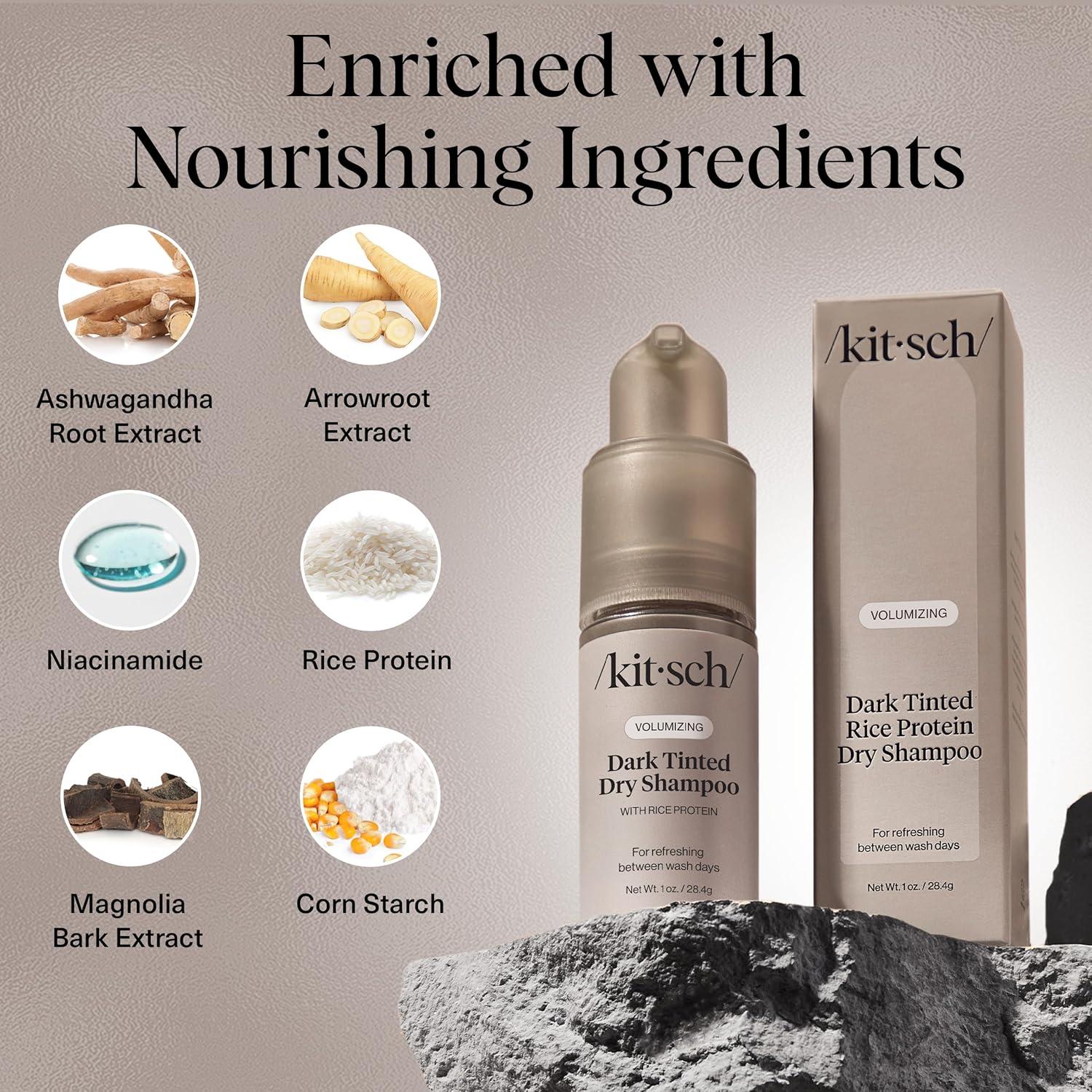 imageKitsch Volumizing Rice Protein Dry Shampoo Powder  Dry Shampoo for Women ampamp Men Dark Hair No White Cast Absorbs Oil NonGreasy Fragrance Free Travel Size in Pump Form  Dark Tinted 1ozDark Tinted