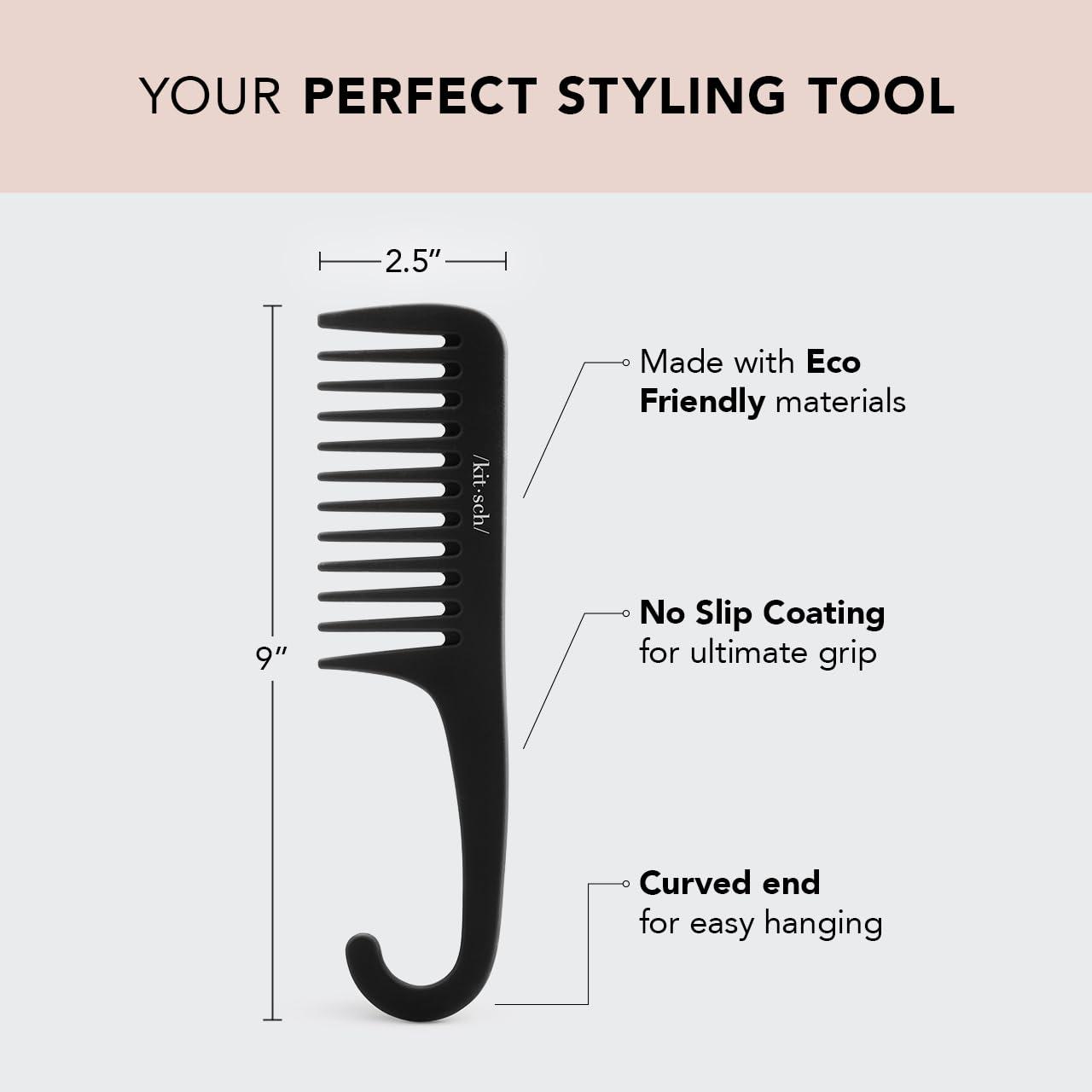 imageKitsch Wide Tooth Detangler Comb  Curved Handle for Curly Wet ampamp Thick Hair Black Shower Comb for WomenWide Tooth Comb
