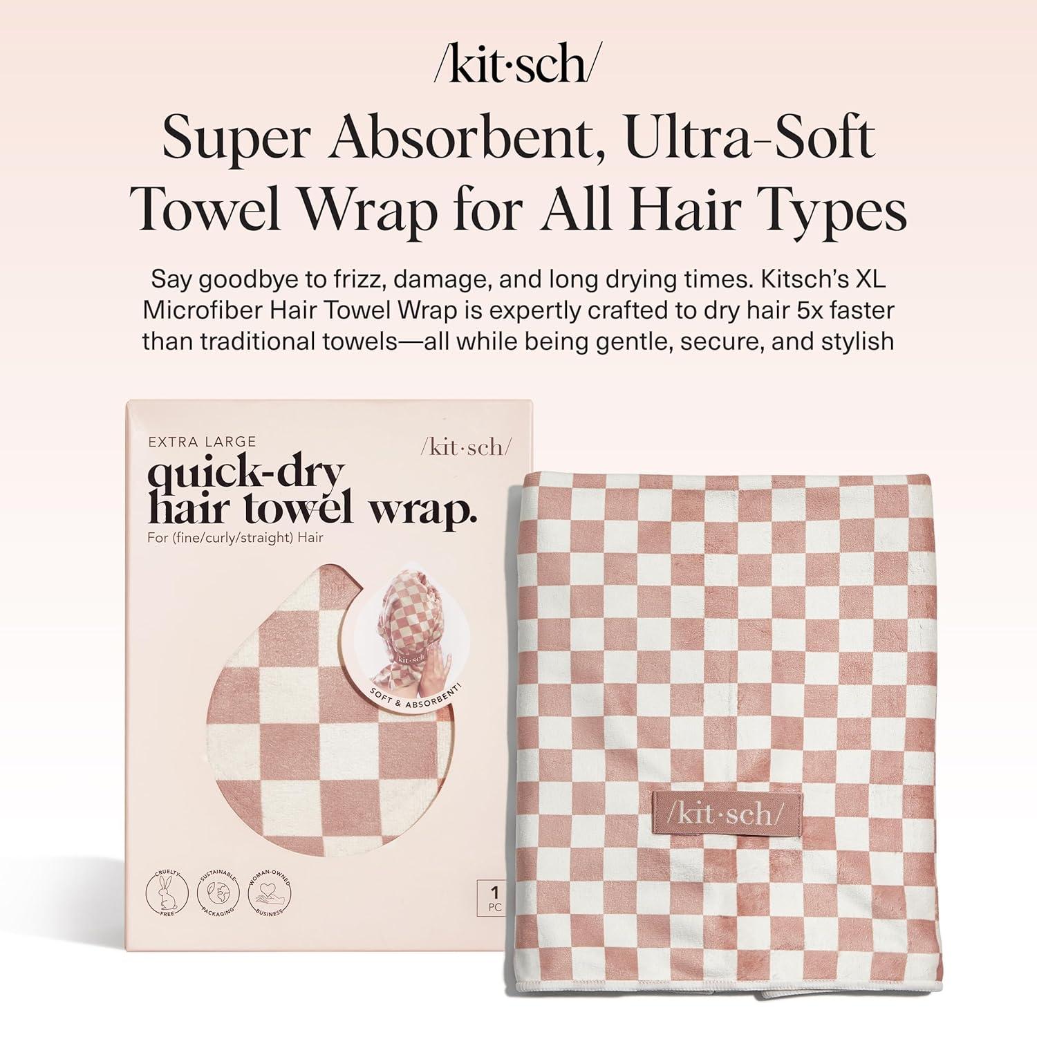 imageKitsch XL Microfiber Hair Towel Wrap for Women  Ultra Absorbent Microfiber Towel for Wet Curly Long or Short Hair  Quick Dry AntiFrizz Hair Wrap  Cherry Print 40x24 inchesTerracotta Checkered