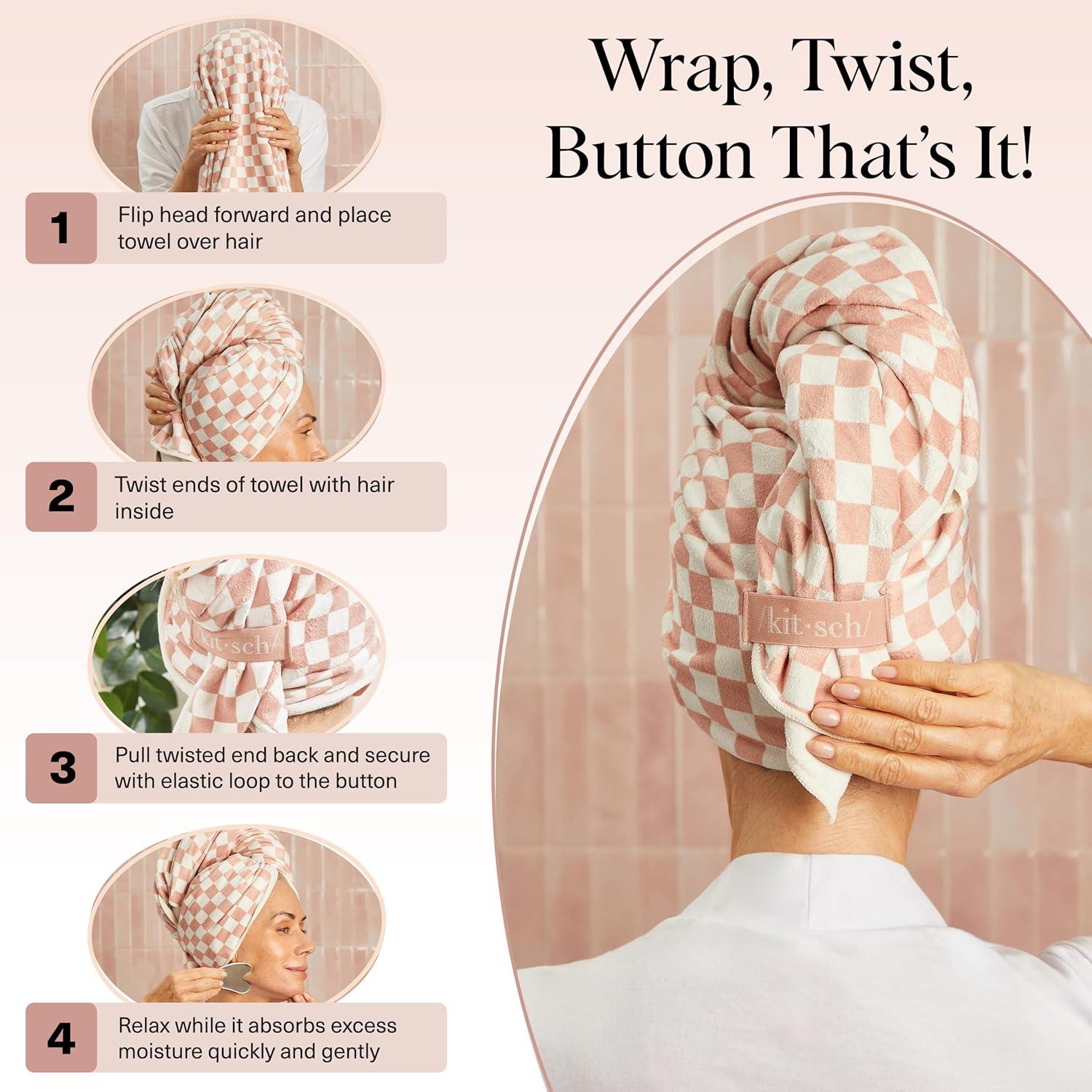imageKitsch XL Microfiber Hair Towel Wrap for Women  Ultra Absorbent Microfiber Towel for Wet Curly Long or Short Hair  Quick Dry AntiFrizz Hair Wrap  Cherry Print 40x24 inchesTerracotta Checkered