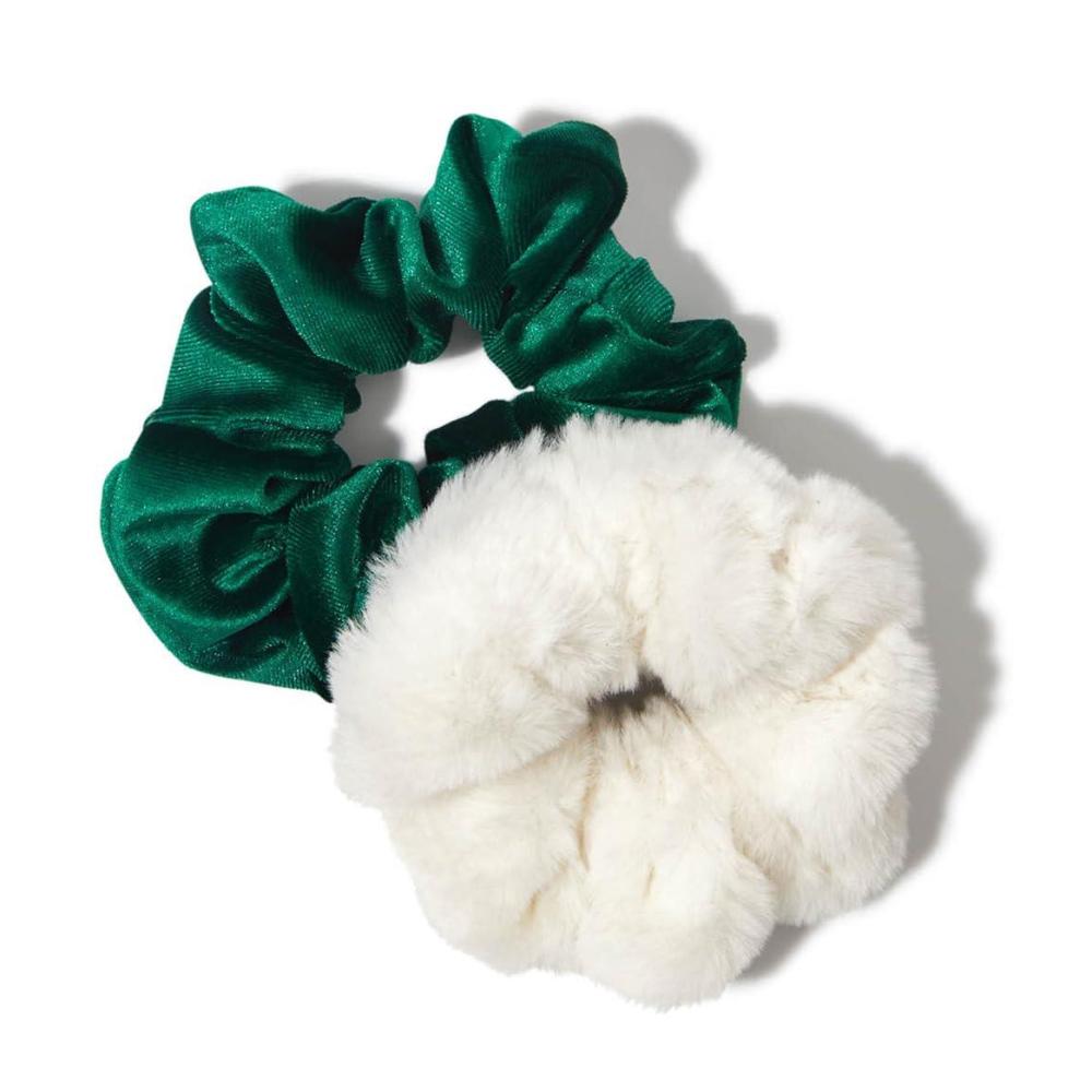 imageElf x Kitsch Scrunchies  No Crease Hair Ties for Girls Scrunchies for Women  2pcs Green Velvet ampamp White Faux Fur