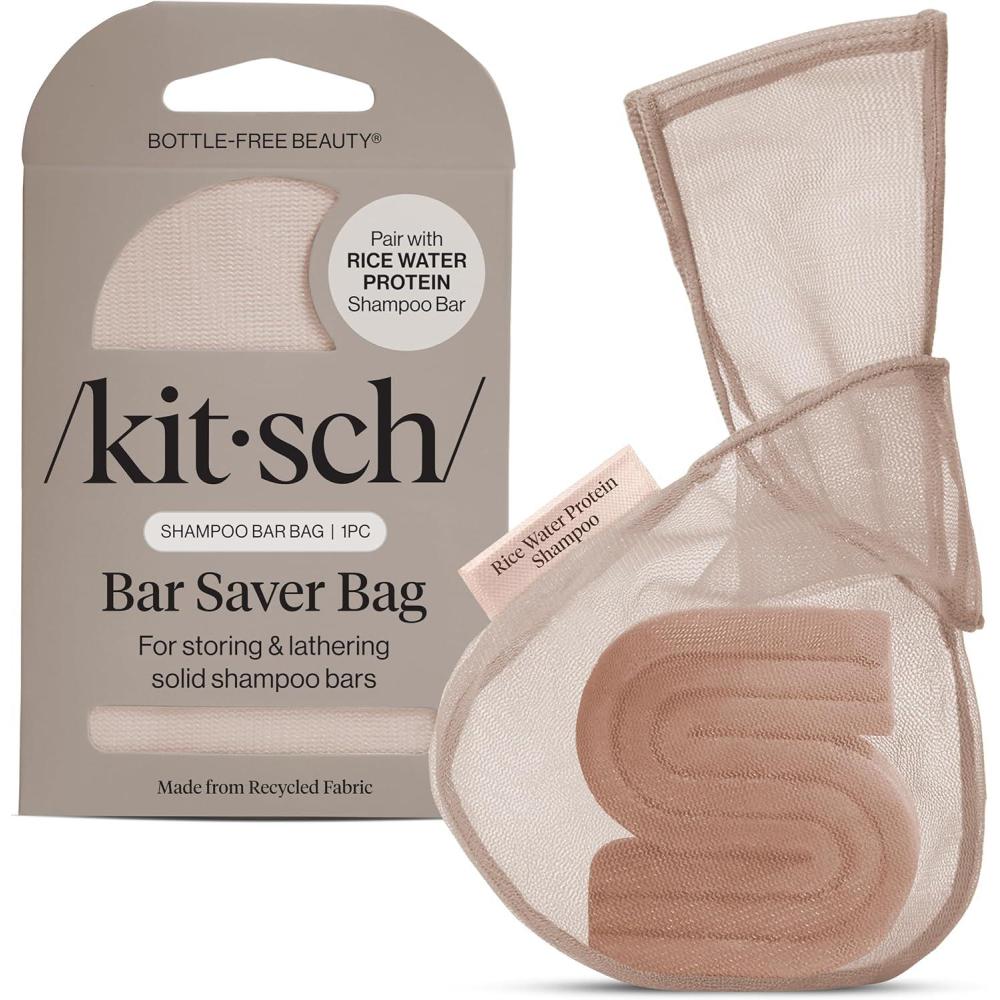 imageKitsch Bar Soap Saver Bag  Patented Mesh Bag Soap Holder for Castor Oil Shampoo Bar with Tag Identifier  Extends Use ampamp Prevents Soggy Mess  Recycled Mesh Beauty Pouch EcoFriendlyRice Water Protein Shampoo Bar Bag