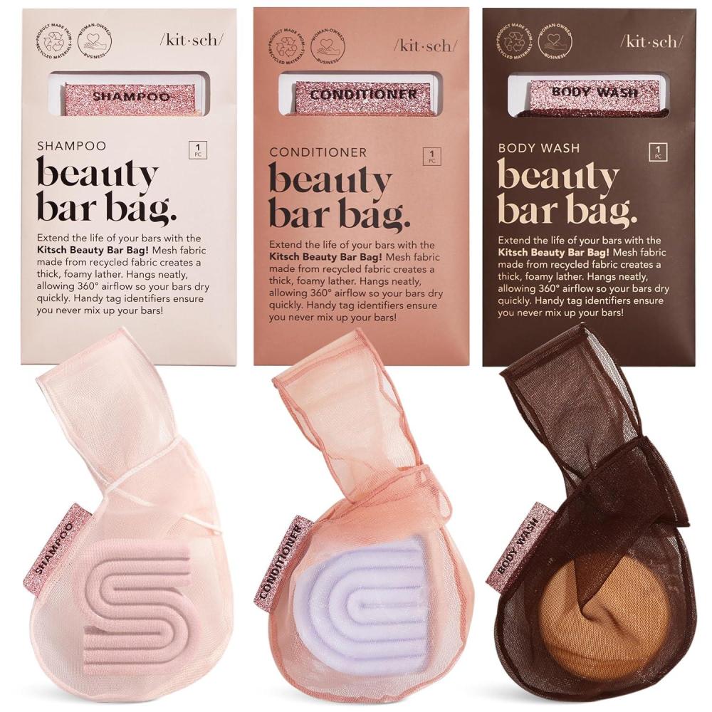 imageKitsch Bar Soap Saver Bag  Patented Mesh Bag Soap Holder for Shampoo and Conditioner Bars  Extends Use ampamp Prevents Soggy Mess  Recycled Mesh Beauty Pouch EcoFriendly  BlackBlush  Terracotta  Chocolate