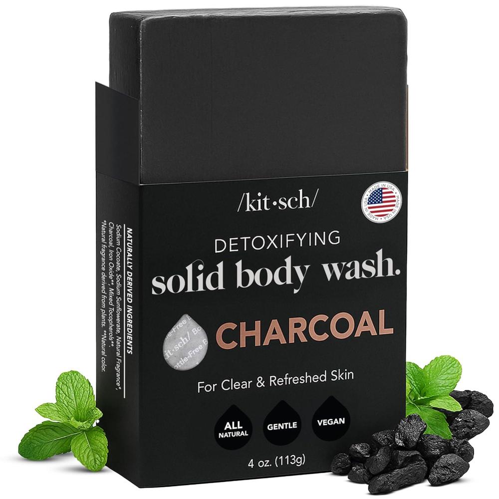 imageKitsch Charcoal Soap Body Wash Bar  Detoxifying Bar Soap with Activated Charcoal  Gently Removes Excess Oil ampamp Impurities Clears Pores Firms ampamp Moisturizes Skin  Made in USA  4 oz