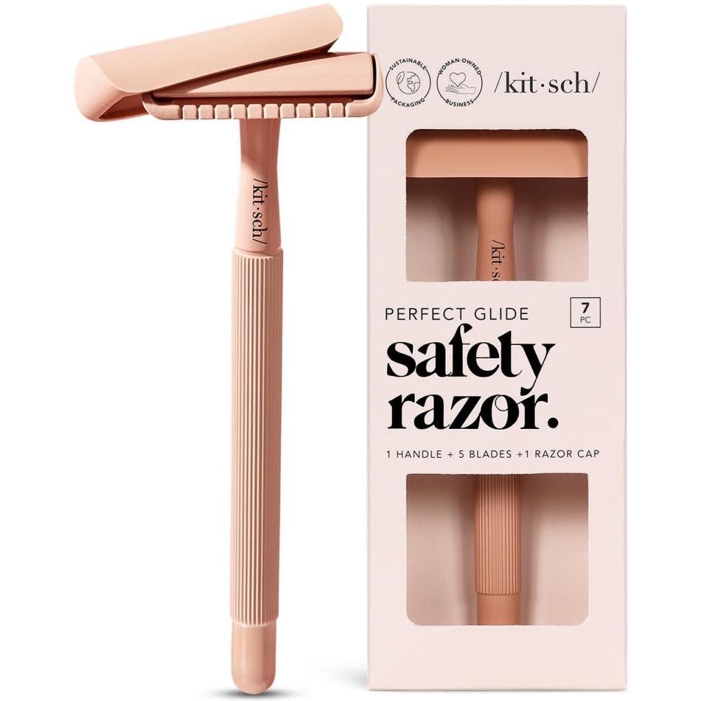 imageKitsch Double Edge Safety Razors for Women and Men Long Metal Handle and Stainless Steel Single Blade Razor with 5 Double Edge Refills for Shaving and Travel Essentials  Terracotta