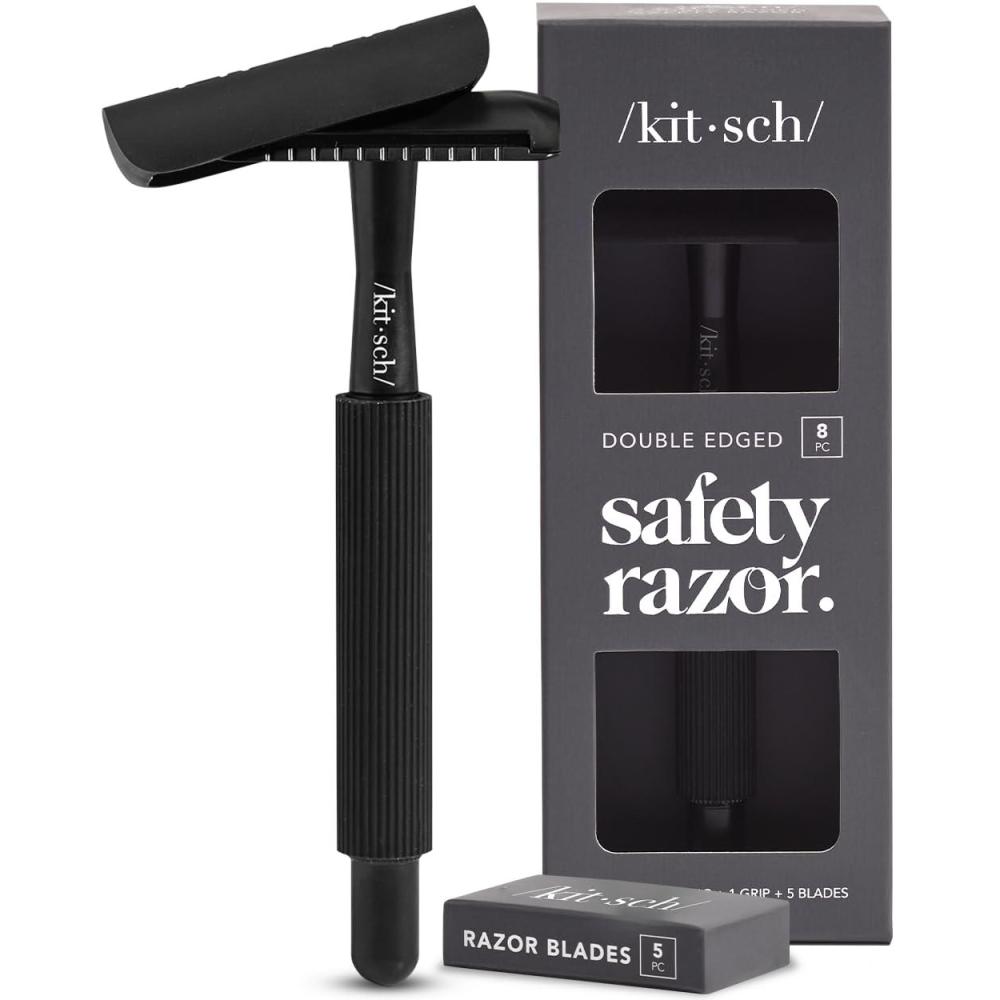 imageKitsch Double Edge Safety Razors for Women and Men with 5 Blade Refills Extra Long Handle ampamp Silicone Cap Reusable Single Blade Razor for Shaving and Travel Essentials  BlackBlack Double Edge Safety Razor