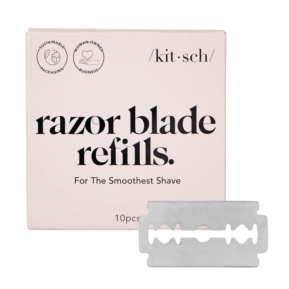 imageKitsch Double Edge Safety Razors for Women and Men with 5 Blade Refills Extra Long Handle ampamp Silicone Cap Reusable Single Blade Razor for Shaving and Travel Essentials  BlackDouble Edge Razor Blades Refills