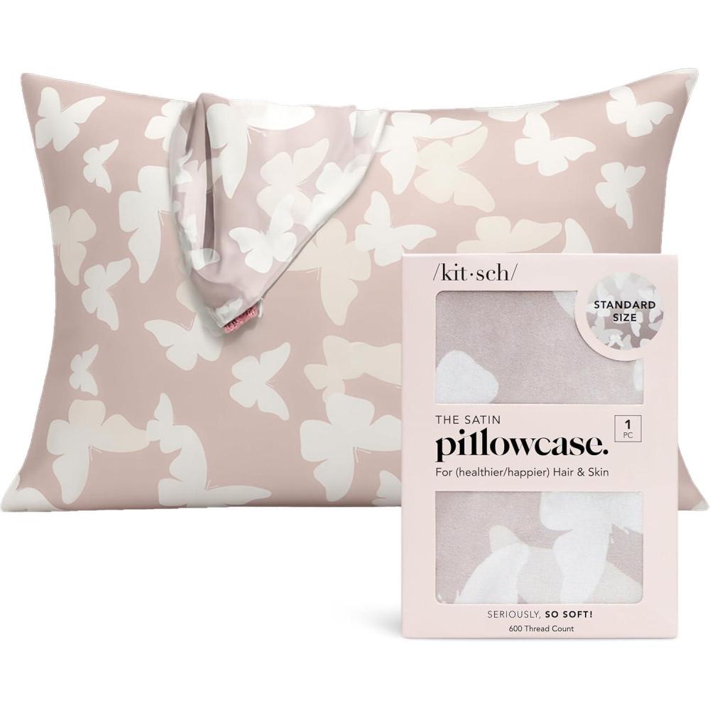 imageKitsch Holiday Satin Pillowcase with Zipper for Hair and Skin Softer Than Silk Pillow Cases 2 Pack Cooling Pillow Covers Machine Washable WrinkleFree Satin Queen Size Set of 2 19quotx26quot BlushChampagne Butterfly