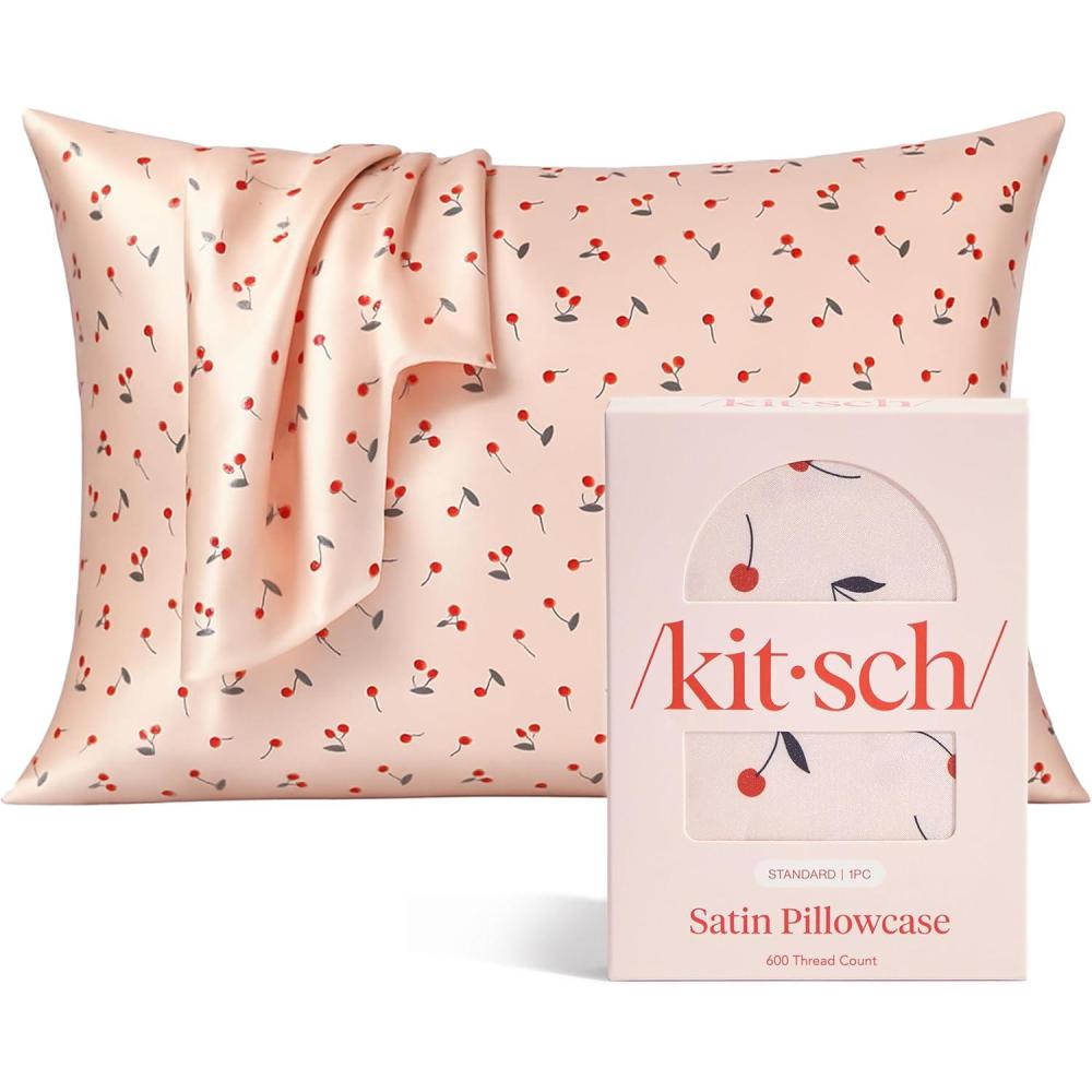 imageKitsch Holiday Satin Pillowcase with Zipper for Hair and Skin Softer Than Silk Pillow Cases 2 Pack Cooling Pillow Covers Machine Washable WrinkleFree Satin Queen Size Set of 2 19quotx26quot BlushCherry Print
