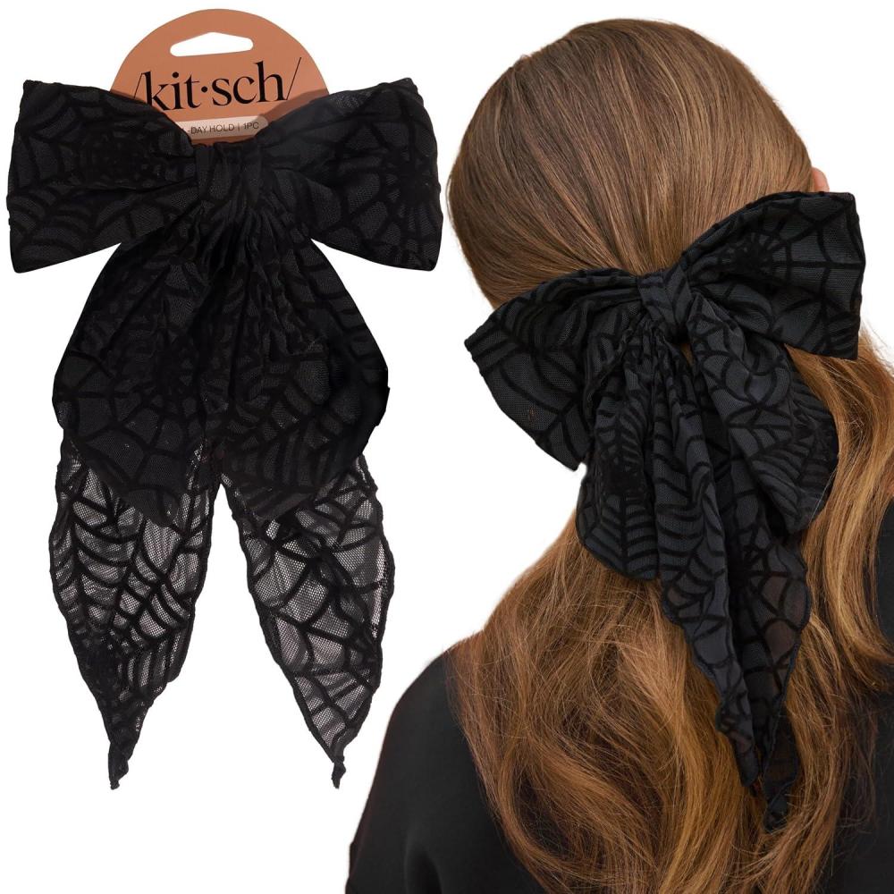 imageKitsch Oversized Hair Bows for Women  Recycled Polyester Material  Stylish and Elegant  Cute Hair Bow Clips  Black 1pcSpiderweb