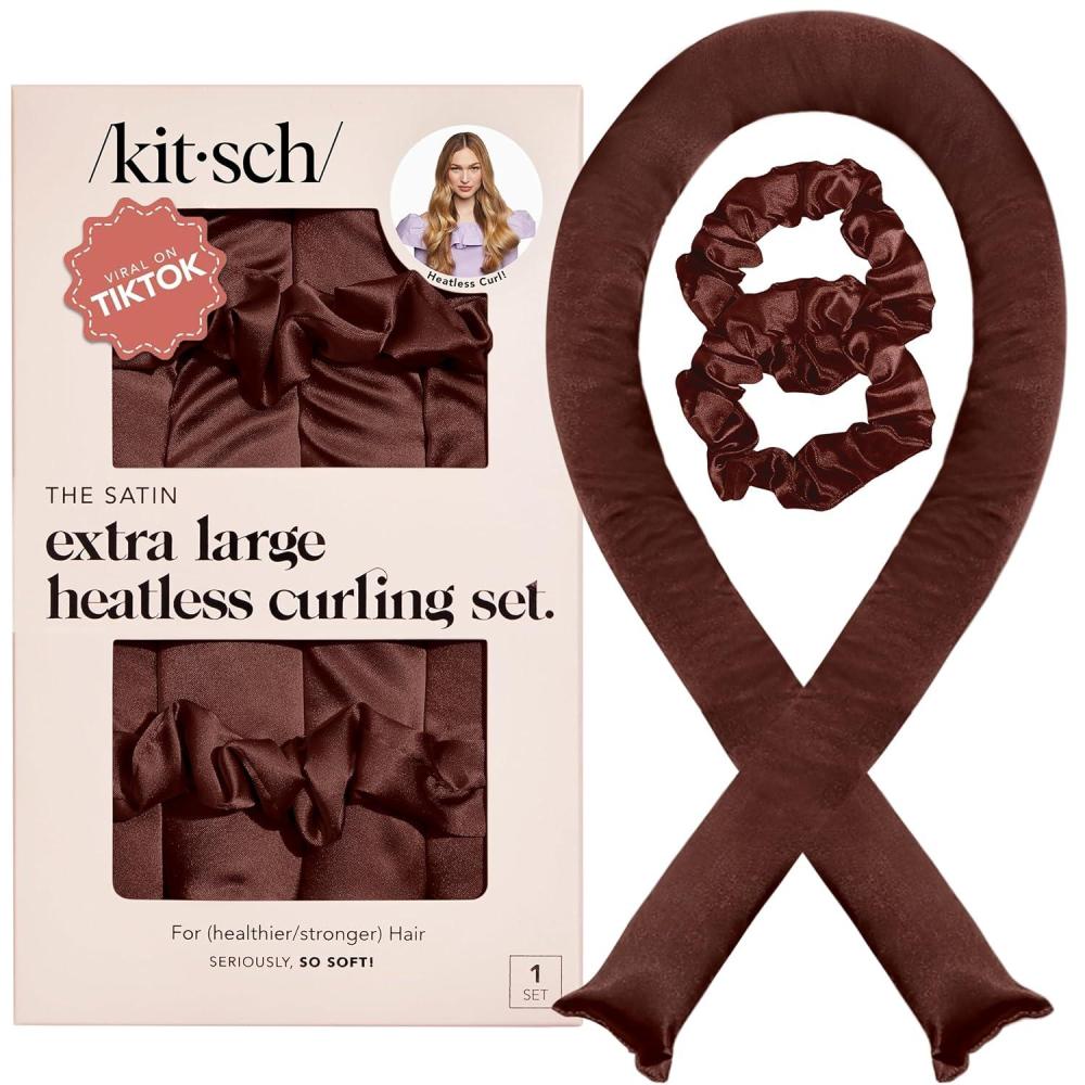 imageKitsch Satin Heatless Curling Set  Heatless Curls Overnight with 34quot Hair Curler ampamp 2 Satin Scrunchies  Comfortable Hair Curlers to Sleep In for FrizzFree No Heat Damage Styling  Sunset Tie Dye04 Chocolate