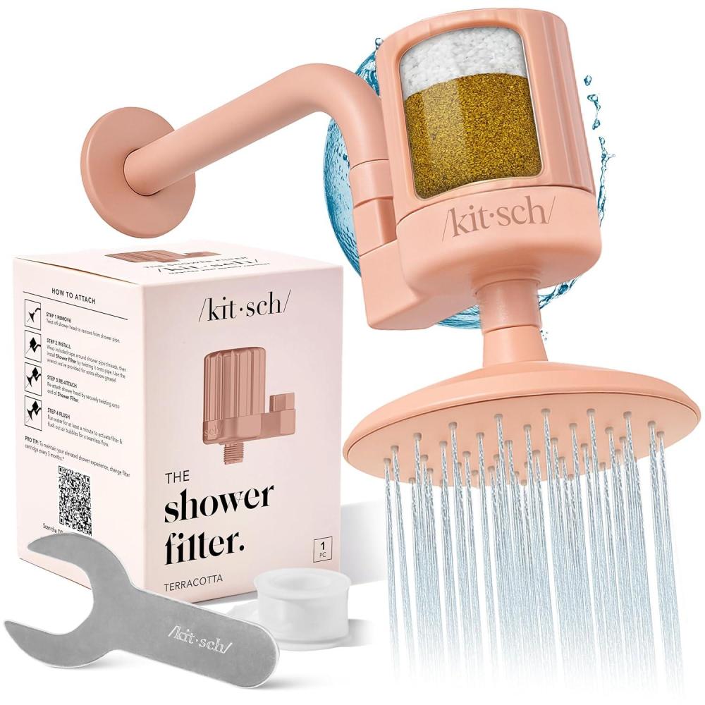 imageKitsch Shower Head Filter for Hard Water  Shower Filter with KDF55 ampamp Calcium Sulfite Helps Reduce Chlorine ampamp Impurities Water Softener  Bathroom Accessories for Healthier Hair ampamp Skin  BlackTerracotta