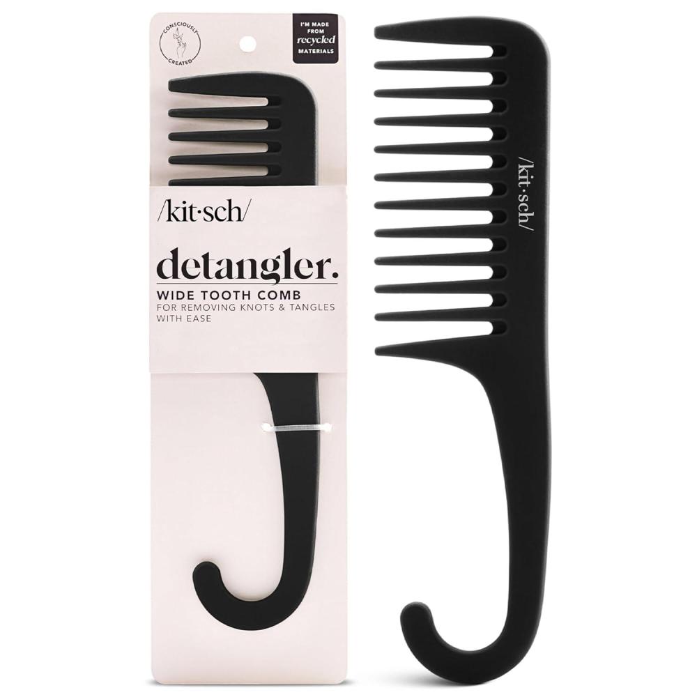 imageKitsch Wide Tooth Detangler Comb  Curved Handle for Curly Wet ampamp Thick Hair Black Shower Comb for WomenWide Tooth Comb