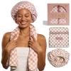 imageKitsch Love ampamp Comfort 2PC Spa Set  Satin Lined Reusable Waterproof Shower Cap and XL Quick Dry Hair Towel Wrap for Women Microfiber Towel Flexi Shower Cap For All Hair Types  Terracotta Checker