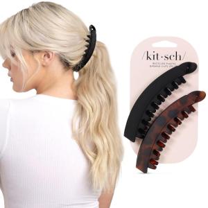 imageKitsch Banana Clip  Retro 80s Style Hair Clips for Women Secure ampamp Durable No Crease Banana Clips for Styling Ponytails ampamp Updos  Ideal Gifts for Women  Black ampamp Tort 2pc SetTortoise and Black 2 Pieces  Banana Clip