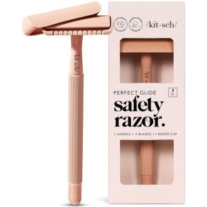 imageKitsch Double Edge Safety Razors for Women and Men Long Metal Handle and Stainless Steel Single Blade Razor with 5 Double Edge Refills for Shaving and Travel Essentials  Terracotta