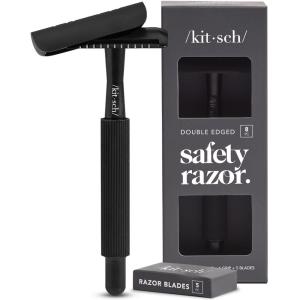 imageKitsch Double Edge Safety Razors for Women and Men with 5 Blade Refills Extra Long Handle ampamp Silicone Cap Reusable Single Blade Razor for Shaving and Travel Essentials  BlackBlack Double Edge Safety Razor