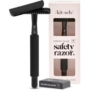 imageKitsch Double Edge Safety Razors for Women and Men with 5 Blade Refills Extra Long Handle ampamp Silicone Cap Reusable Single Blade Razor for Shaving and Travel Essentials  BlackBlack Double Edge Safety Razor for Women  Men