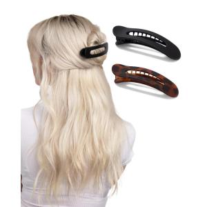 imageKitsch Flat Hair Clips for Women  Strong Hold No Slip Grip Flat Claw Clips For Secure and Comfortable Look  Durable Recycled Plastic Hair Accessories  Ideal Gifts for Women  Black ampamp Tortoise 2pcFlat