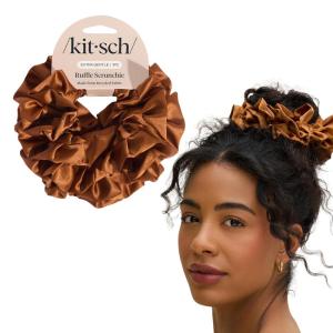 imageKitsch Recycled Satin Ruffle Scrunchie  Gentle Hair Scrunchie for Women EcoFriendly Hair Tie No Damage Soft Satin Scrunchie ampamp Hair Accessories  Stylish Ponytail Holder  Camel