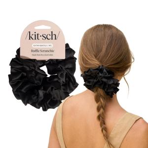 imageKitsch Recycled Satin Ruffle Scrunchie  Gentle Hair Scrunchie for Women EcoFriendly Hair Tie No Damage Soft Satin Scrunchie ampamp Hair Accessories  Stylish Ponytail Holder  Black