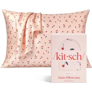 imageKitsch Satin Pillowcase with Zipper for Hair ampamp Skin Softer Than Silk Pillow Cases Queen WrinkleFree Smooth and Cooling Satin Pillow Covers Standard Size 19quotx26quot  Aura 2pcsCherry Print