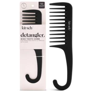 imageKitsch Wide Tooth Detangler Comb  Curved Handle for Curly Wet ampamp Thick Hair Black Shower Comb for WomenWide Tooth Comb