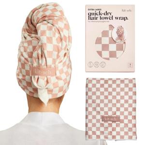 imageKitsch XL Microfiber Hair Towel Wrap for Women  Ultra Absorbent Microfiber Towel for Wet Curly Long or Short Hair  Quick Dry AntiFrizz Hair Wrap  Cherry Print 40x24 inchesTerracotta Checkered