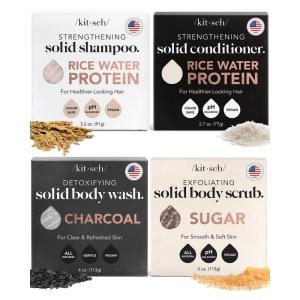 imageKitsch 4pc Set  Rice Water Shampoo and Conditioner Set  Charcoal Body Wash Bar ampamp Exfoliating Sugar Body Scrub  Hair ampamp Body Bar Soap  Silicone Paraben and Sulfate Free Solid Bars