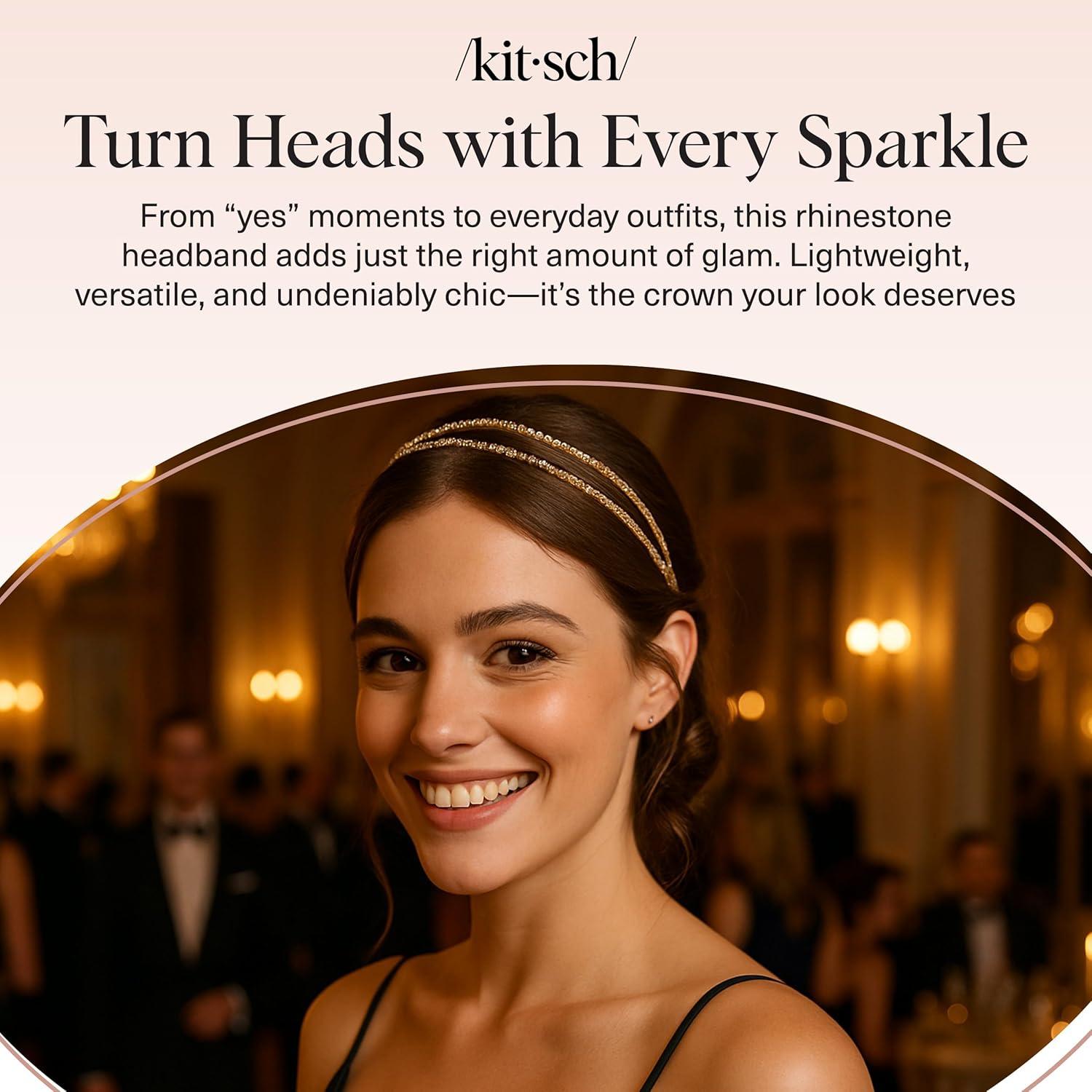 imageKitsch Rhinestone Headband for Women  Double Row Gold Headband for Bridal Accessories  Hair Jewelry for Wedding Prom Birthday or Special Occasions  Ideal Gifts for Women  1pcGold