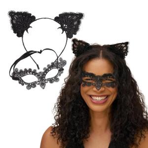 imageKitsch Lace Headband amp Mask  Black Cat Halloween Accessories  Elegant Lace Cat Ear amp Mask Duo  Black Headband for Halloween Costume Parties amp Hair Accessories  Ideal Gifts for Women  2pc SetBlack Cat