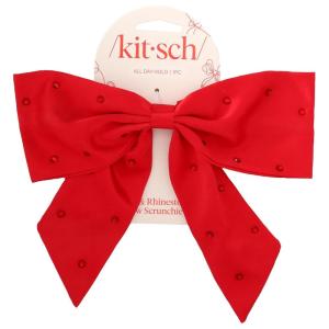 imageKitsch Velvet Bow Hair Clip with Gemstone  Red Duckbill Hair Clips for Women  Lightweight Comfortable Secure Hold  Perfect Hair Accessories Gifts for WomenRhinestoneStudded Bow