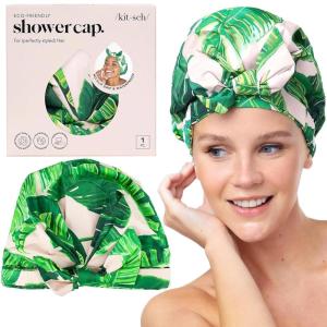 imageBridgerton x Kitsch SatinLined Flexi Shower Caps for Women Reusable Waterproof  Large Wide Shower Cap for Women amp Men Adjustable Stylish Hair Cap for Showers For Long amp Short Hair  WisteriaPalm Leaves