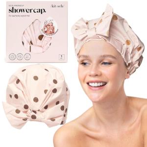 imageBridgerton x Kitsch SatinLined Flexi Shower Caps for Women Reusable Waterproof  Large Wide Shower Cap for Women amp Men Adjustable Stylish Hair Cap for Showers For Long amp Short Hair  WisteriaBlush Dot