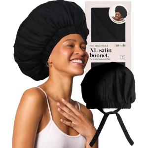imageKitsch XL Satin Bonnet for Sleeping  Softer Than Silk Bonnet For Sleeping Women  Secure Fit Adjustable Night Cap For Curly amp Textured Hair  Prevents Breakage Tangles amp Thinning  AuraBlack