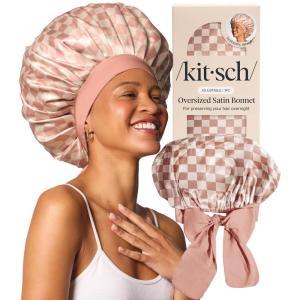 imageKitsch XL Satin Bonnet for Sleeping  Softer Than Silk Bonnet For Sleeping Women  Secure Fit Adjustable Night Cap For Curly amp Textured Hair  Prevents Breakage Tangles amp Thinning  AuraTerracotta Checker