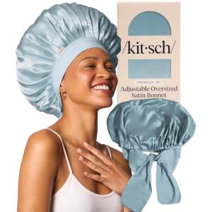 imageKitsch XL Satin Bonnet for Sleeping  Softer Than Silk Bonnet For Sleeping Women  Secure Fit Adjustable Night Cap For Curly amp Textured Hair  Prevents Breakage Tangles amp Thinning  AuraHaze Blue