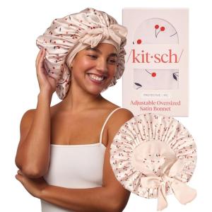 imageKitsch XL Satin Bonnet for Sleeping  Softer Than Silk Bonnet For Sleeping Women  Secure Fit Adjustable Night Cap For Curly amp Textured Hair  Prevents Breakage Tangles amp Thinning  AuraCherry Print